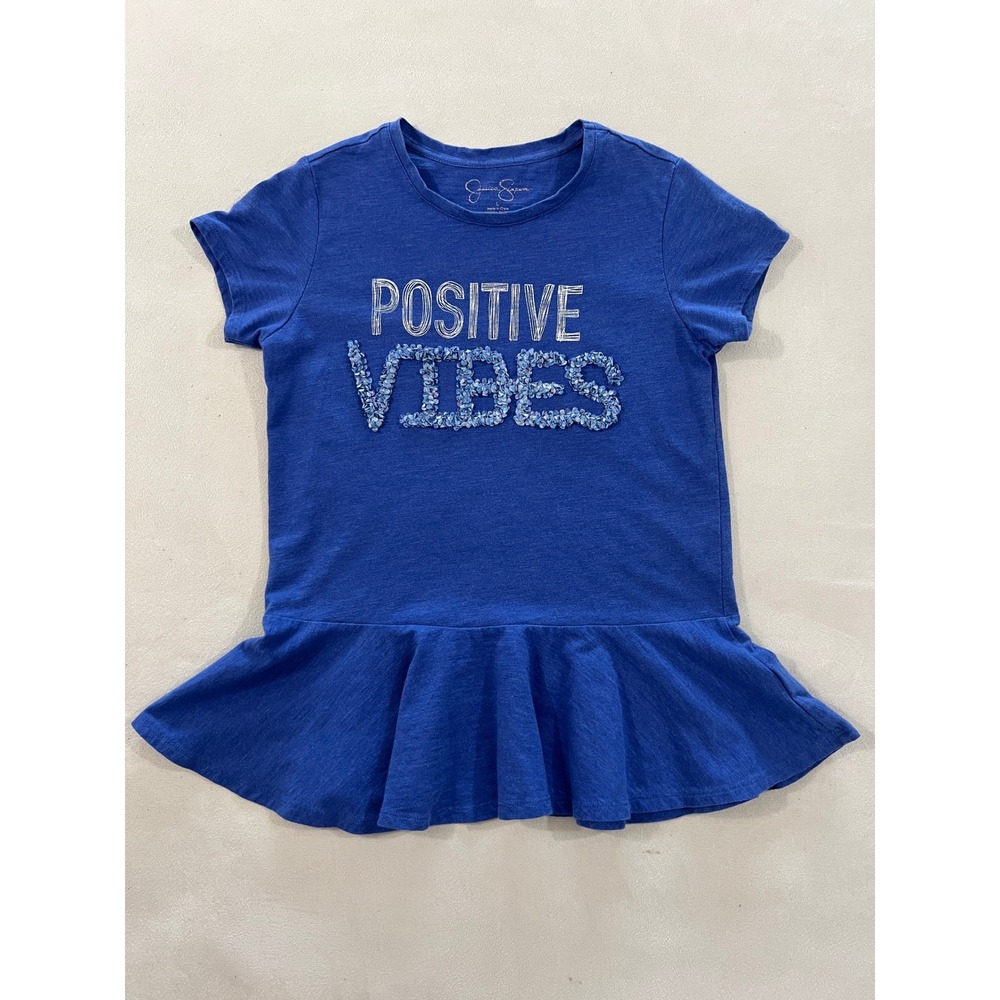 Jessica Simpson Girls Blue Positive Vibes Peplum Top Short Sleeve Size L